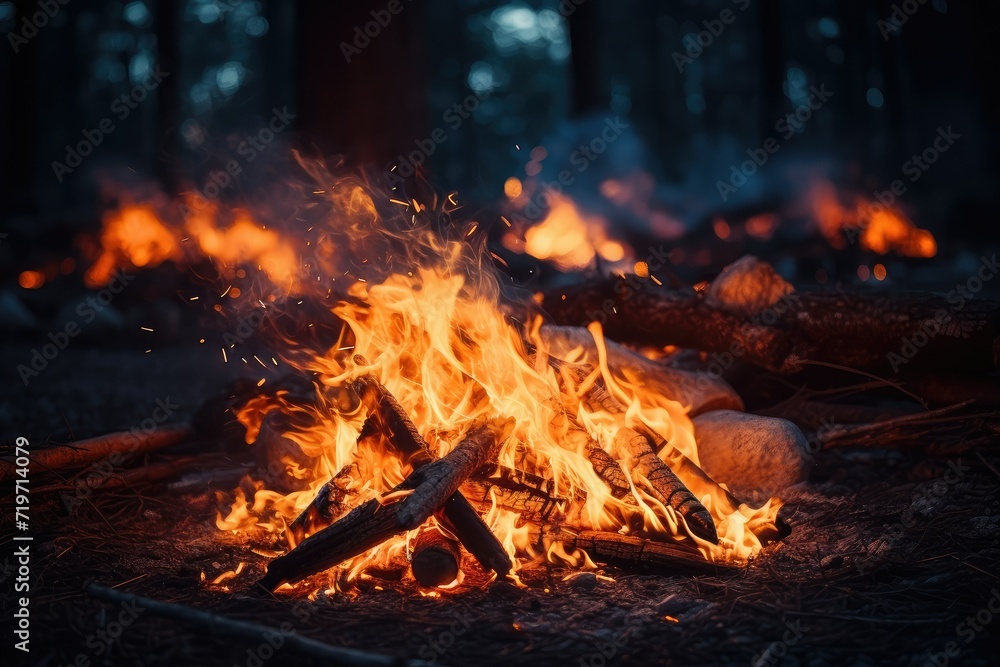 Naklejka premium Big bonfire with sparks and particles in front of forest. Campfire in the forest at night. Mountain vacation. Bonfire in the wood for picnic. Night camp in a forest.