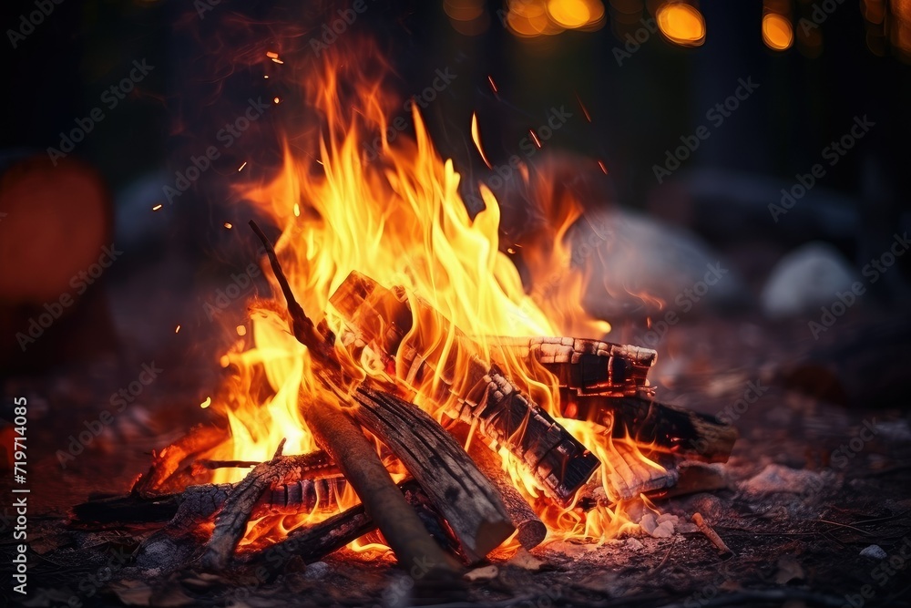 Bonfire in the forest at night. Late evening campfire. Night camp in a forest. Summer outdoor vacation. Bonfire in the forest at night. Late evening campfire. Night camp in a forest. Summer outdoor vacation.