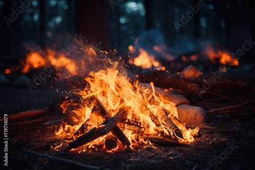 Big bonfire with sparks and particles in front of forest. Campfire in the forest at night. Mountain vacation. Bonfire in the wood for picnic. Night camp in a forest.