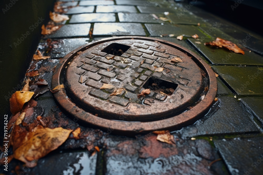 Drainage cover on the street, autumn. Selective focus. Water Manhole cover in the pave stone road. Circular manhole cover on concrete pavement. Drain cover.