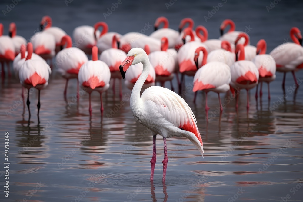 Greater Flamingos standing in a lake. Greater flamingos. Phoenicopterus roseus. Wildlife scene. beautiful pink white birds in the natural habitat. large species.