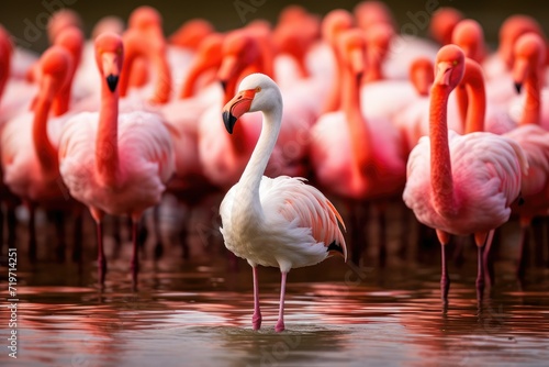 Greater flamingo. Phoenicopterus ruber. beautiful pink white big bird in dark blue water at evening. birds in natural habitat. Greater flamingos on a lake.