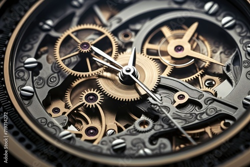 Closeup of the mechanism of a watch with gears and cogwheels. Gears and cogs in clockwork watch mechanism. Time and business concept. Inside a watch. elegant detailed. © Jahan Mirovi