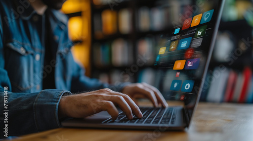 Person Typing on a Laptop in a Library