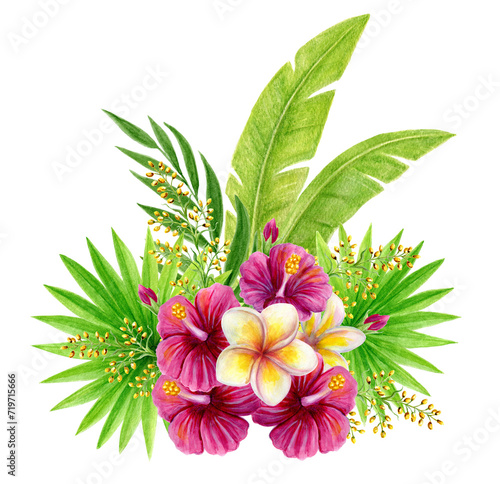 Tropical bouquet. Hand drawn watercolor painting with pink chinese hibiscus rose flowers  frangipani and palm leaves isolated on white background. Floral summer composition.