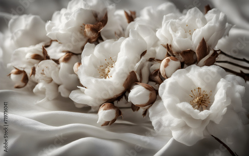 White cotton flowers on white cotton fabric background © julien.habis