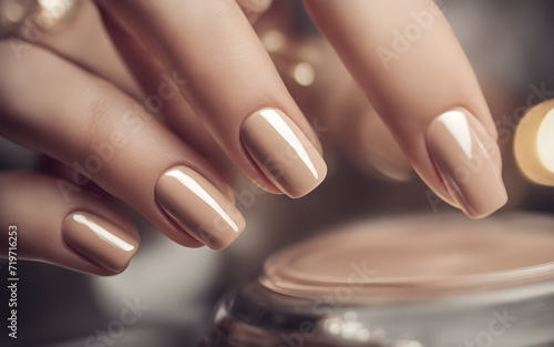 Woman hand with nude shades nail polish on her fingernails, manicure with gel polish at luxury beauty salon photo