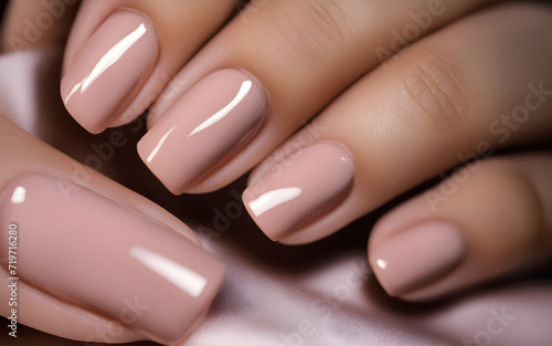 Woman hand with nude shades nail polish on her fingernails  manicure with gel polish at luxury beauty salon