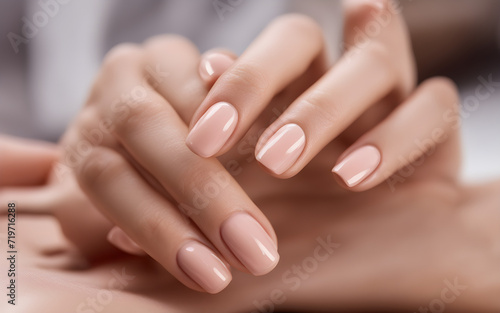 Woman hand with nude shades nail polish on her fingernails  manicure with gel polish at luxury beauty salon