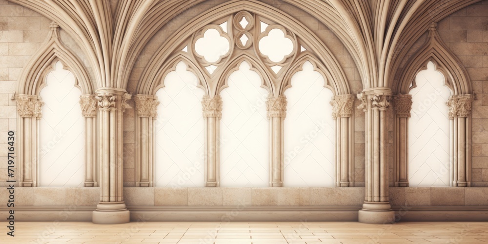 stone castle tiles with arches and curtains in medieval style.