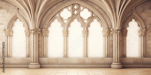 stone castle tiles with arches and curtains in medieval style. © Sona
