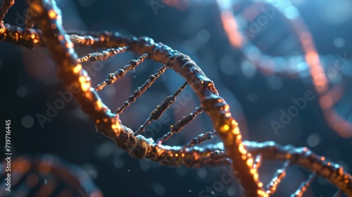 DNA helix model on blurred background with free place for text. Genome studies, medical research science banner photo