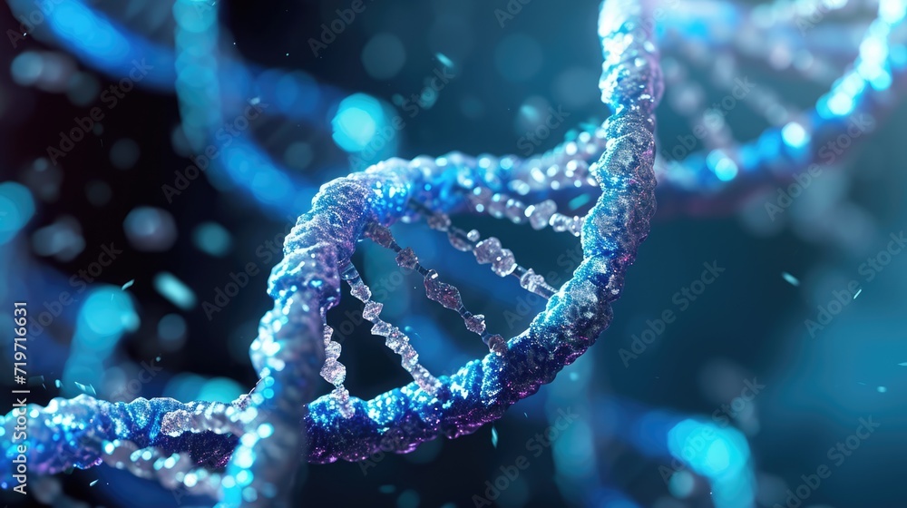 DNA helix model on blurred background with free place for text. Genome studies, medical research science banner DNA helix model on blurred background with free place for text. Genome studies, medical research science banner