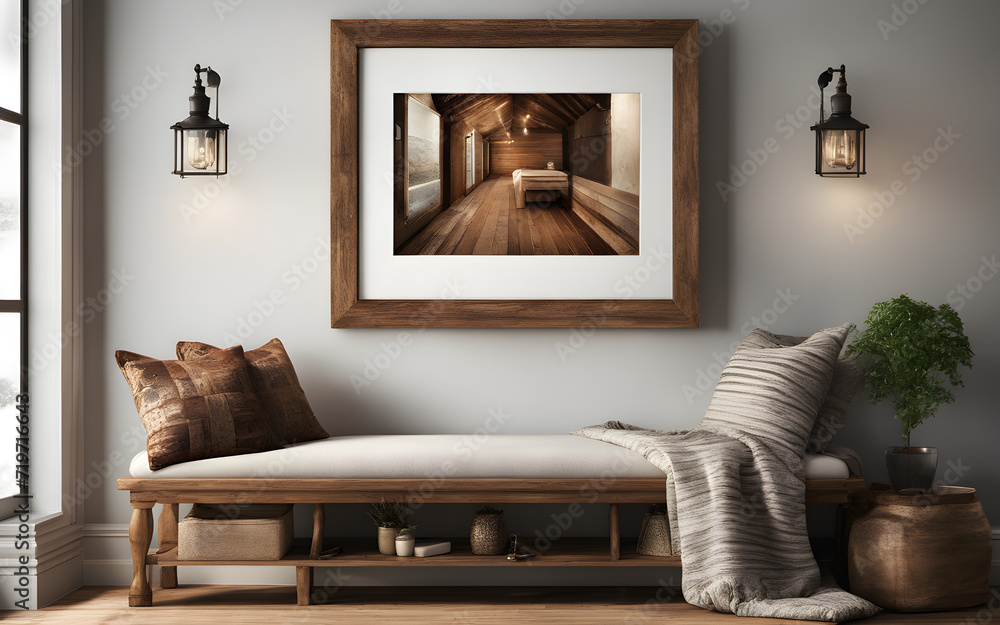 Wooden rustic bench with pillows against wall with two poster frames. Country farmhouse interior design of modern home entryway - obrazy, fototapety, plakaty 