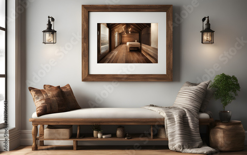 Wooden rustic bench with pillows against wall with two poster frames. Country farmhouse interior design of modern home entryway