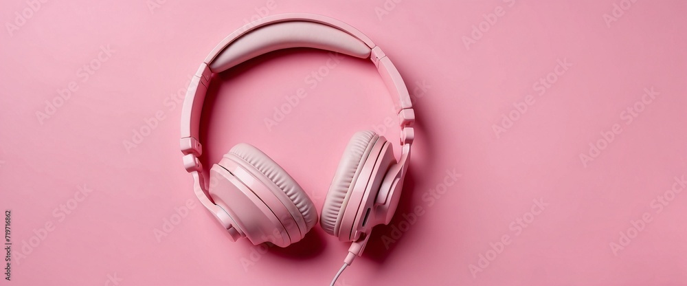 Pink over-ear headphones on pink background, copy space, advertising space Pink over-ear headphones on pink background, copy space, advertising space