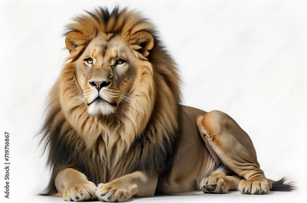 Young lion sitting in front of a white background
