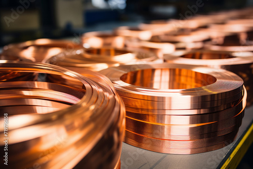 Beryllium copper alloys CuBe 2 strips in rolls, in a manufacturing setting, ideal photo for metal warehouse, manufacturing, industrial or heavy industry themes photo