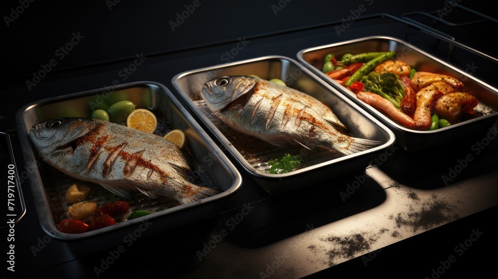 the texture of crispy baked fish skin, juicy flesh and the freshness of grilled vegetables. the texture of crispy baked fish skin, juicy flesh and the freshness of grilled vegetables.