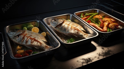 the texture of crispy baked fish skin, juicy flesh and the freshness of grilled vegetables. © Светлана Канунникова