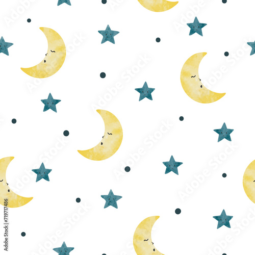 Moon and stars seamless pattern. Night sky, vector watercolor illustration. Baby print