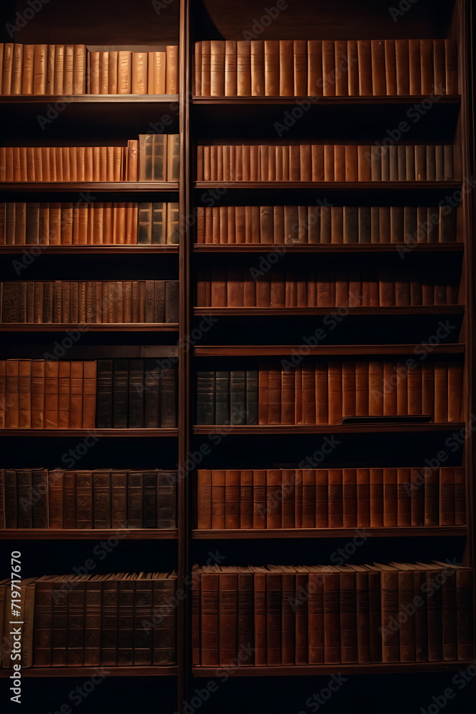 Bookshelf With Abundant Collection of Books in Dimly Lit Room. Generative AI. Bookshelf With Abundant Collection of Books in Dimly Lit Room. Generative AI.