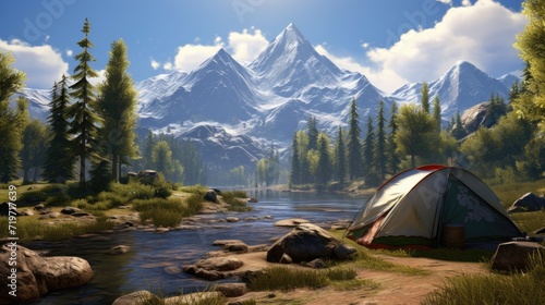 camping tent next to the lake, the tent blends harmoniously into the environment, creating a realistic and exciting camping scene.