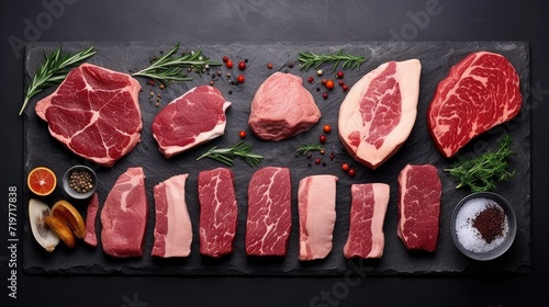 top-down view to highlight the variety of steaks. This angle highlights the different textures, colors and sizes of each type of meat.
