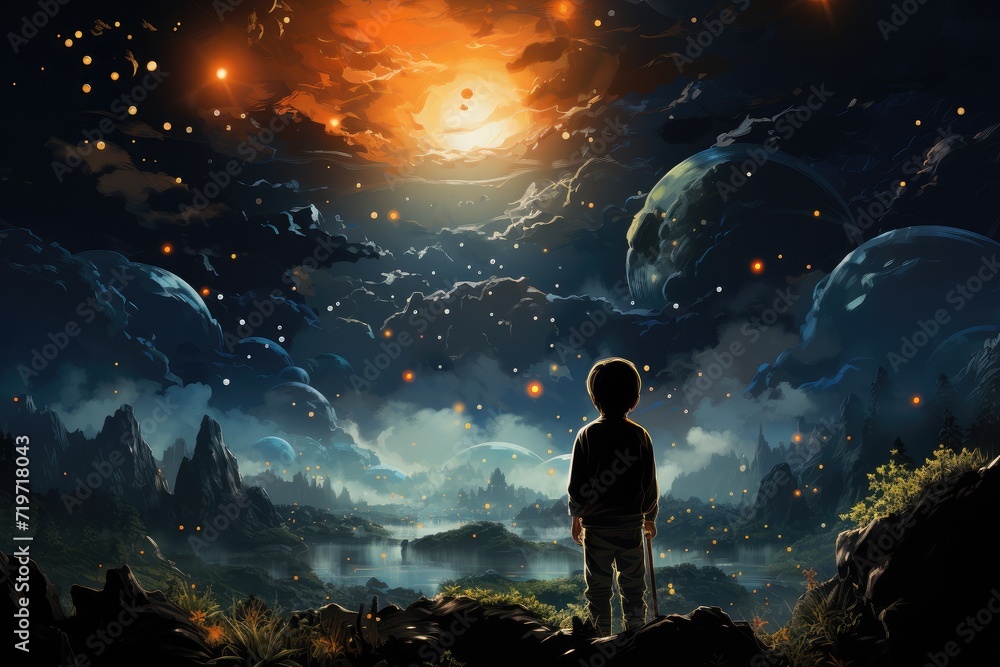 A curious child gazes at a distant planet, lost in wonder under the starry night sky