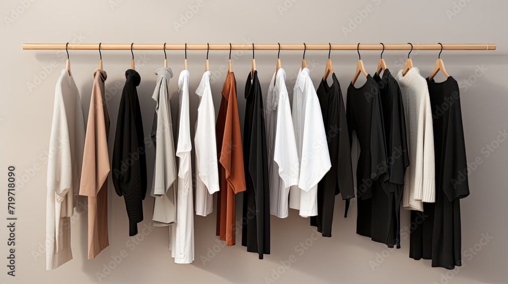 stylish clothes on a hanger in an organized and visually appealing way. Proper spacing between garments and neatly aligned, creating the look of a well-organized closet. stylish clothes on a hanger in an organized and visually appealing way. Proper spacing between garments and neatly aligned, creating the look of a well-organized closet.