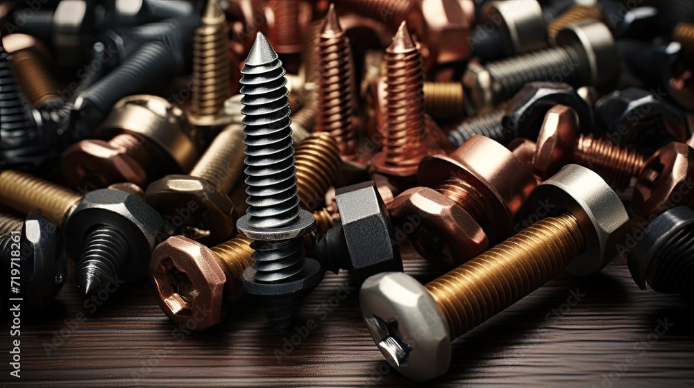 the screws are arranged in a variety of ways, but in an organized manner on a gray background. Mixed different types, such as metal, iron, chrome and wood screws, the screws are arranged in a variety of ways, but in an organized manner on a gray background. Mixed different types, such as metal, iron, chrome and wood screws,