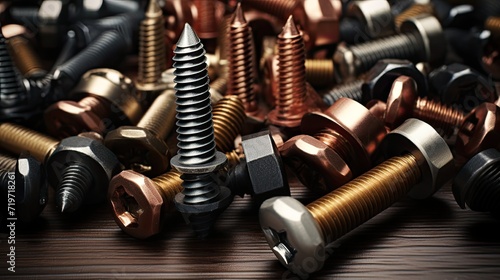 the screws are arranged in a variety of ways, but in an organized manner on a gray background. Mixed different types, such as metal, iron, chrome and wood screws,