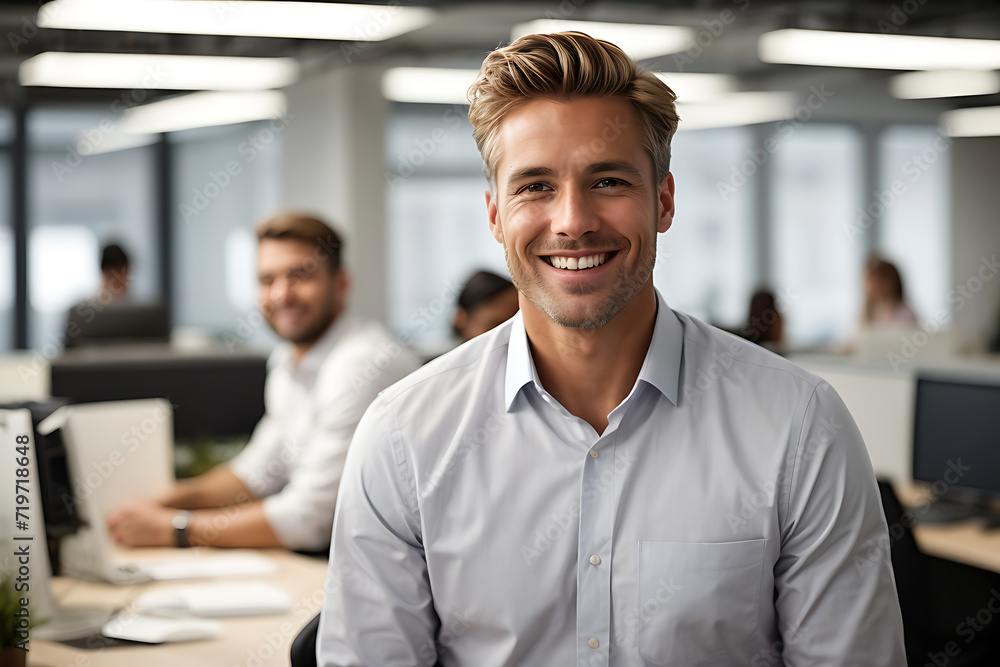 Smiling Man in White Shirt in Office. Generative AI. Smiling Man in White Shirt in Office. Generative AI.