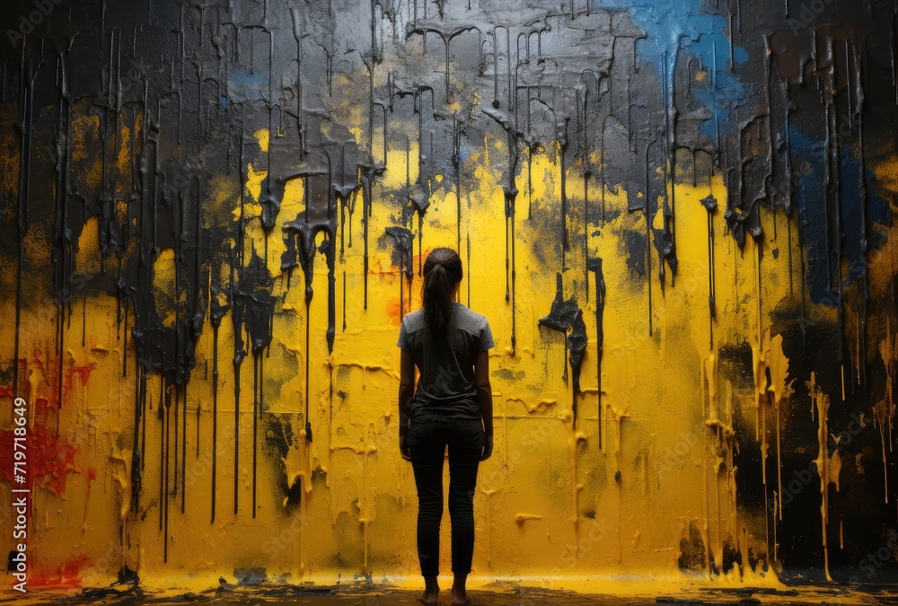 Obraz premium A vibrant woman stands confidently in front of a bold and abstract painting, embodying the intersection of modern art and street culture with her own artistic expression