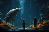 A curious boy and girl peer into the glass walls of an aquarium, captivated by the graceful seal swimming in the crystal clear water among a colorful reef, surrounded by other marine mammals and fish