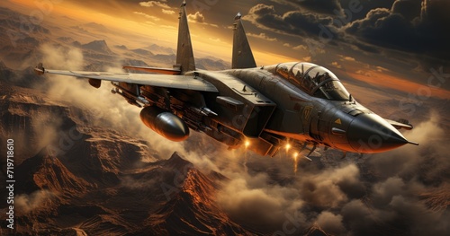 A powerful military jet soars through the sky, its sleek design cutting through the clouds as it navigates over rugged mountains on a mission of strength and precision