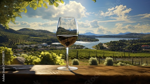 glass of wine against the backdrop of a vineyard landscape. A balance that allows for a clear focus on the winemaking elements while still leaving plenty of space for text