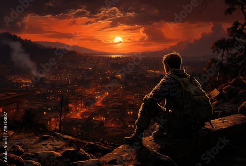 Wallpaper Mural As the fiery sun sets over the rugged mountain, a solitary figure gazes out at the sprawling city, his thoughts lost in the turbulent sky above Torontodigital.ca