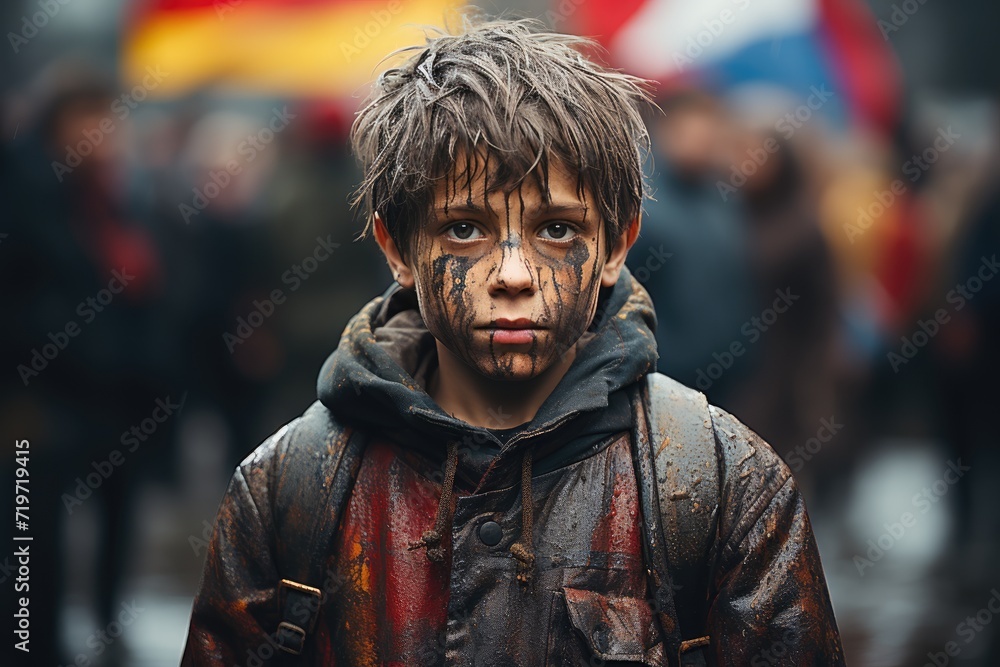 A young boy with a dirty and tear-stained face stands alone on a desolate street, his tattered clothing and unkempt appearance revealing a harsh reality of struggle and hardship