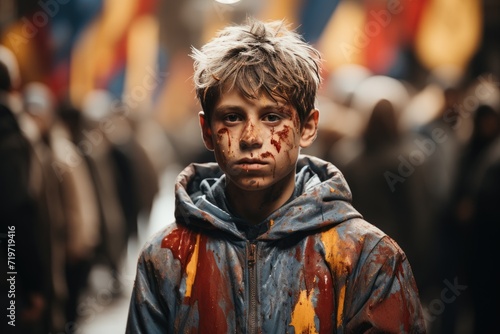 A young boy stands on a busy street, his face painted with vibrant colors, a reflection of his artistic soul as he proudly wears his worn jacket, blending into the urban landscape