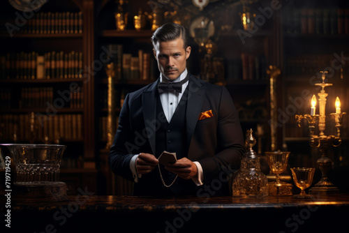 An elegant gentleman in a black silk waistcoat, enjoying a quiet moment in a richly decorated library with a glass of whiskey