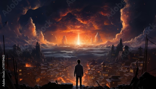 A lone figure gazes upon the fiery city, the sky ablaze with the heat of a looming volcanic explosion, surrounded by the untamed beauty of nature under the night's sky