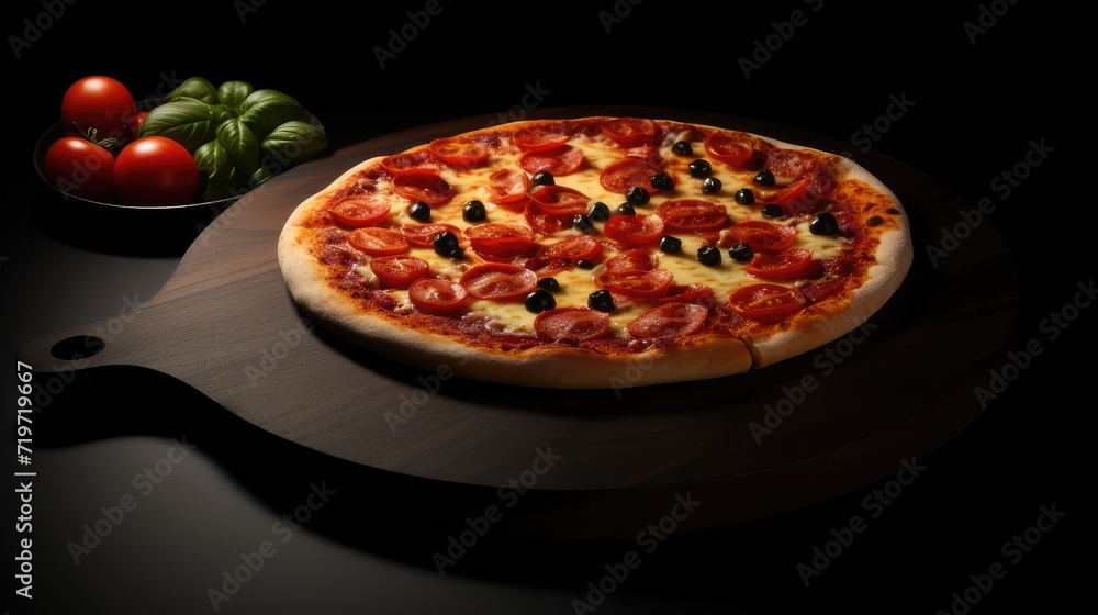 delicious pizza on a wooden board on a dark background