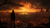 A lone figure stands atop a rugged rock, gazing at the sprawling city beneath a fiery sunset sky, as the towering skyscrapers pierce through the clouds, emanating a sense of heat and power against th