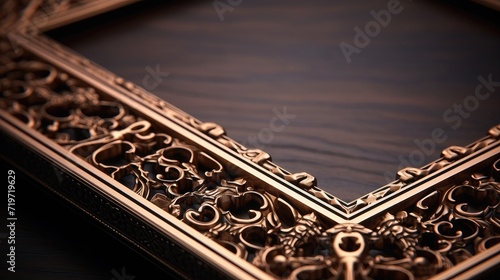 Details of an openwork bronze metal frame. Close-up shots that highlight craftsmanship and design elements, adding authenticity to your blank photo frame layout.