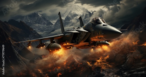 A sleek fighter jet soars through the clouds, navigating the rugged mountain terrain with precision and grace, embodying the power and adrenaline of aerial warfare in this exhilarating pc game photo