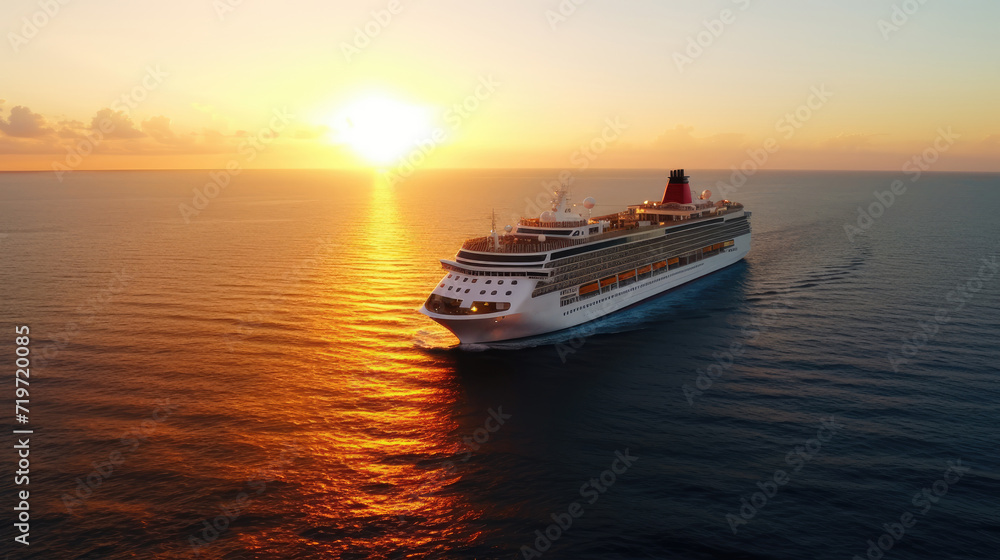 A modern, white cruise ship sails the sea. Travel and relaxation. Top view. En route. A modern, white cruise ship sails the sea. Travel and relaxation. Top view. En route.