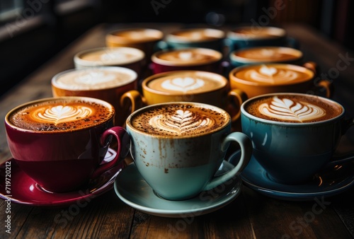 An artfully arranged group of coffee cups with heart-shaped foam floating on top, evoking feelings of warmth, comfort, and indulgence in the world of caffeine and its endless possibilities