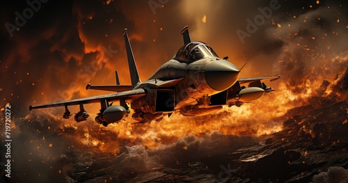 A fiery fighter jet soars through the sky, its powerful engine propelling it towards its explosive target