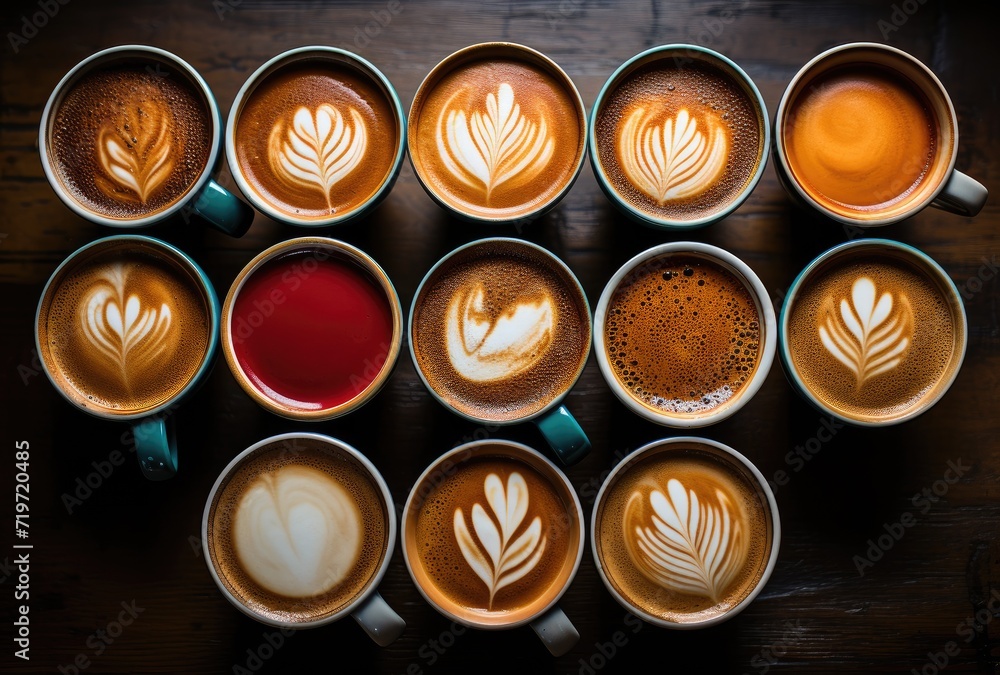 A colorful collection of caffeinated cups sits on a table, enticingly offering a variety of steaming coffee drinks to satisfy any craving A colorful collection of caffeinated cups sits on a table, enticingly offering a variety of steaming coffee drinks to satisfy any craving